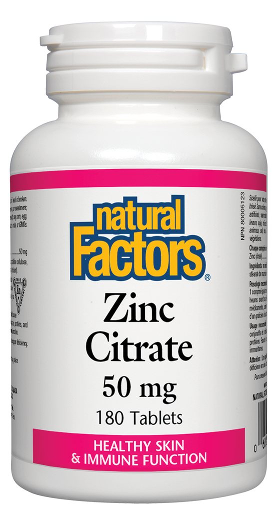 Citrate de zinc 50 mg 180 comprimés Peau saine et fonction immunitaire Natural Factors