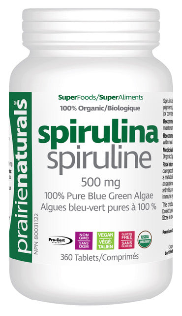 Spirulina 500 mg 100% algas verdes azuis orgânicas 360 tabs