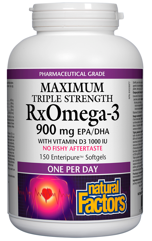RxOmega-3 Triple Strength 900mg EPA/DHA+Vitamin D 150 Natural Factors No Fishy Aftertaste