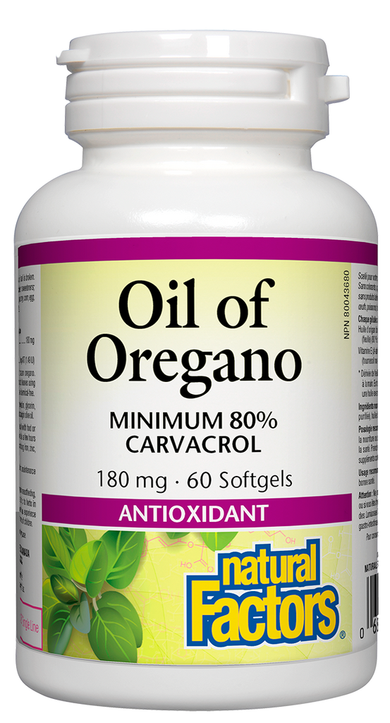 Huile biologique d'origan 180 mg 80% carvacrol 60's Natural Factors