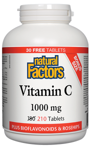 Vitamine C 1000 mg plus bioflavonoïdes et cynorhodons 180 + 30 facteurs naturels