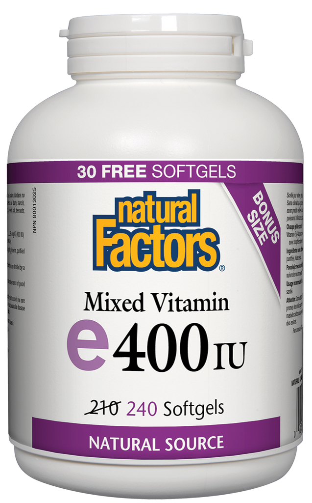 Vitamine E400 mixte UI Source naturelle 210 + 30 facteurs naturels