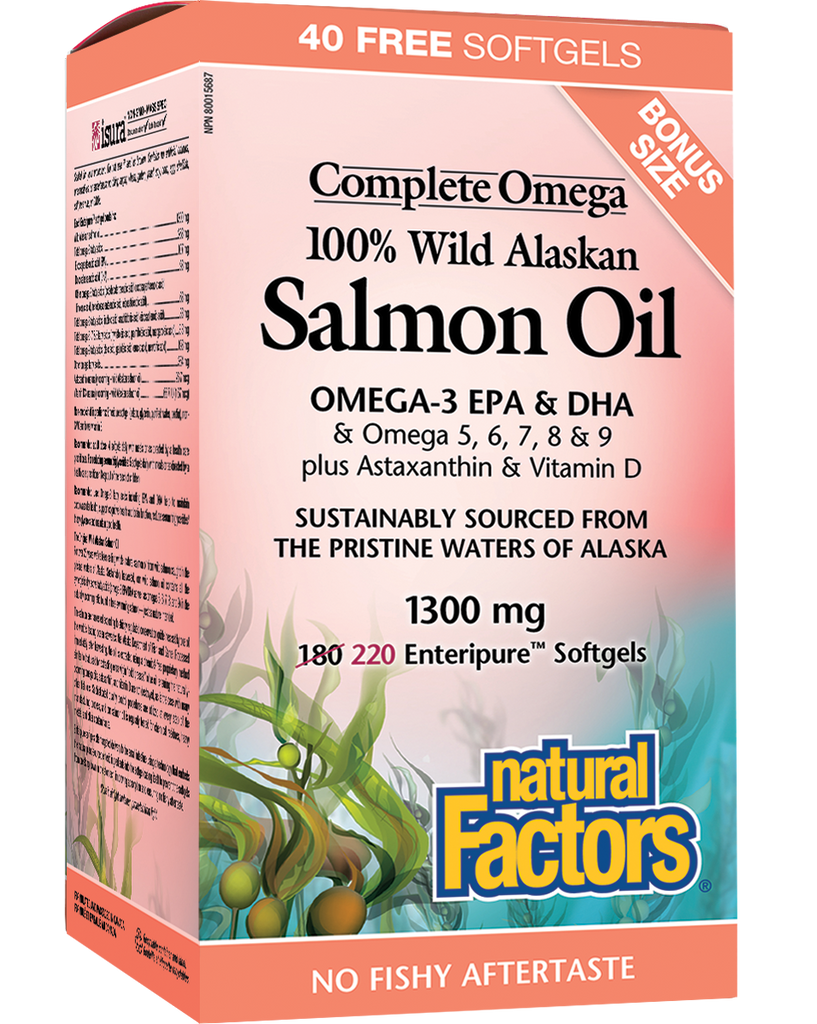 Óleo de salmão 100% selvagem do Alasca Omega completo 180 + 40 fatores naturais