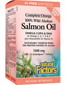 Huile de saumon 100% Alaska sauvage complète Oméga 180 + 40 Facteurs naturels