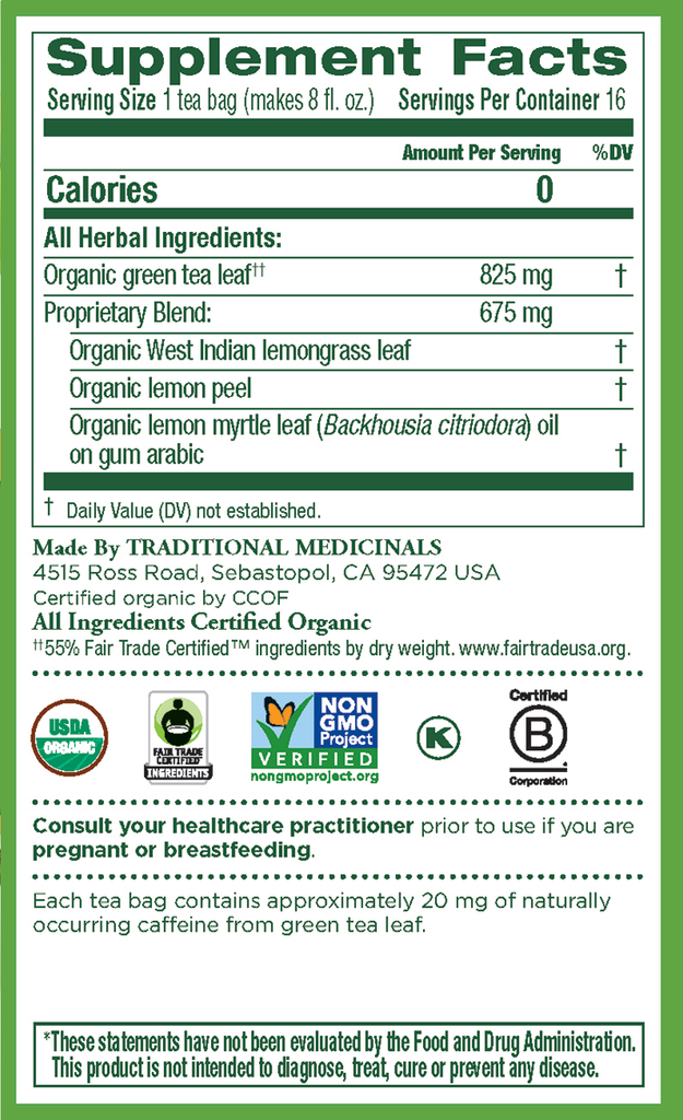 Organic Green Tea Lemongrass Traditional Medicinals